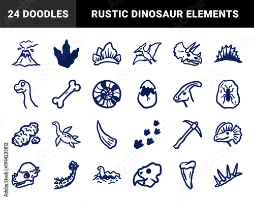 Hand-drawn prehistoric dinosaur fossils and paleontology elements for educational branding. Naive blue marker sketch illustrations featuring Jurassic era concepts.