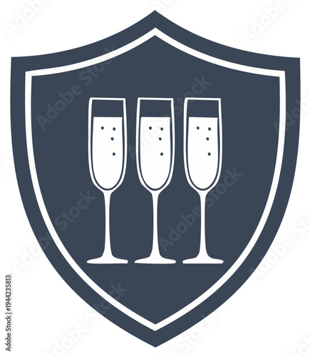 Vector icon of a shield crest with three champagne flutes for celebration or club logo