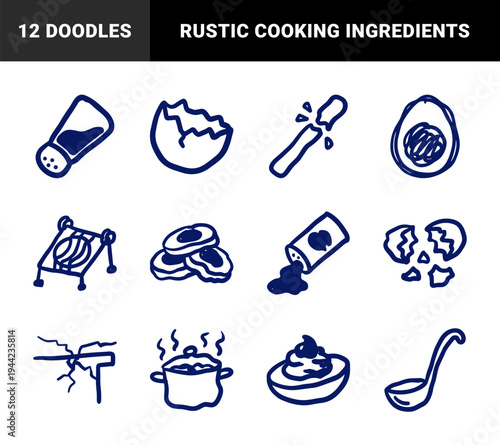 Hand-drawn kitchen and cooking ingredients for rustic brand identity. Naive marker sketch illustrations featuring culinary and food prep concepts.