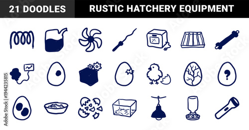 Hand-drawn poultry incubation and chicken farming elements in a rustic doodle style. Naive marker sketch illustrations featuring egg hatching and brooding equipment.
