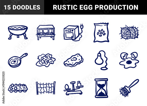 Hand-drawn poultry farming and egg production elements for rustic brand identity. Naive marker sketch illustrations featuring chicken coop and kitchen tools.