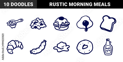 Hand-drawn breakfast food elements in a naive doodle style. Rustic marker sketch illustrations featuring eggs, pastries, and morning meal staples.