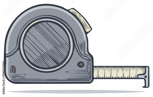 Illustration of a grey metal tape measure for length measurements in construction or crafts