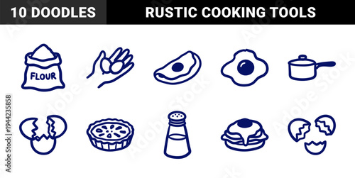 Hand-drawn breakfast and baking elements for rustic kitchen branding. Naive marker sketch illustrations featuring eggs, flour, and pastry cooking concepts.