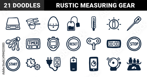 Hand-drawn kitchen measuring tools and timing equipment for culinary branding. Rustic naive marker sketch illustrations of timers, scales, and thermometers.