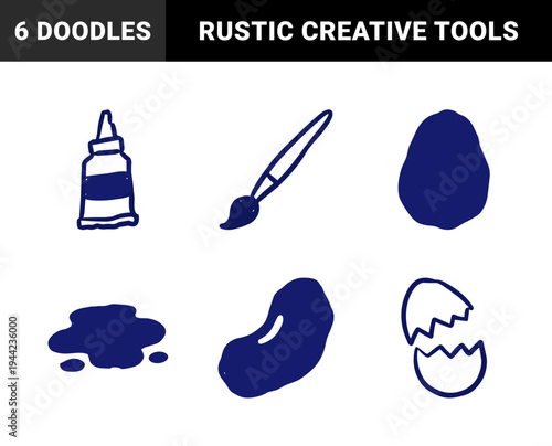 Hand-drawn creative and organic everyday objects in a naive blue marker style. Rustic doodle elements featuring glue, paint brush, and candy.