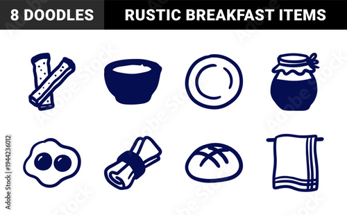 Hand-drawn kitchen and breakfast elements for rustic brand identity. Naive marker sketch illustrations featuring bread, eggs, and jars.
