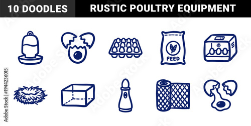 Poultry farming and egg production elements for organic brand identity. Rustic, naive marker sketch drawings featuring chicken coop concepts.
