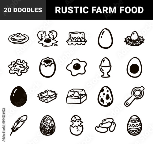Hand-drawn egg and breakfast elements for organic grocery branding. Rustic naive marker sketch featuring poultry farm and cooking concepts.