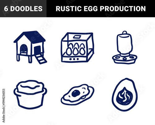 Hand-drawn poultry farming and egg production elements for organic branding. Rustic naive marker sketch illustrations of chicken coop and hatchery equipment.