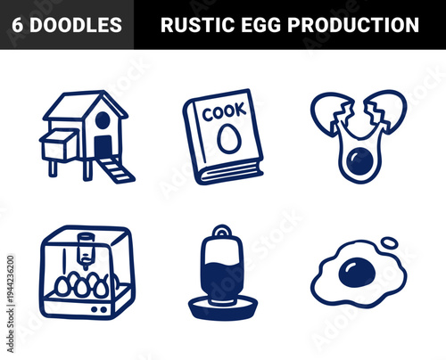 Hand-drawn chicken farming and egg production elements in a rustic doodle style. Naive marker sketch illustrations for organic poultry and breakfast concepts.