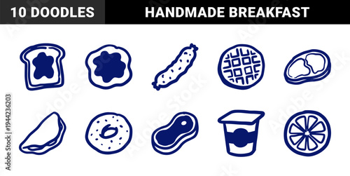 Hand-drawn breakfast and dairy food elements in a naive marker doodle style. Rustic, organic line art featuring morning meal and snack concepts.