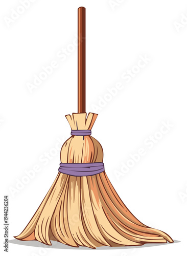 Cartoon illustration of an old fashioned straw besom with a wooden handle and purple band