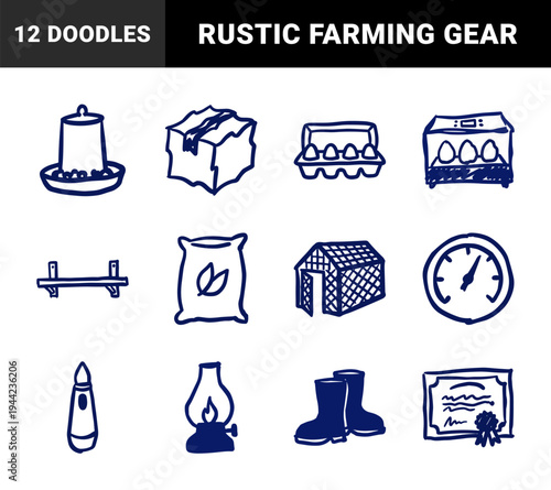 Hand-drawn poultry farming and egg production elements for rustic brand identity. Naive marker sketch illustrations of hatchery and coop equipment.