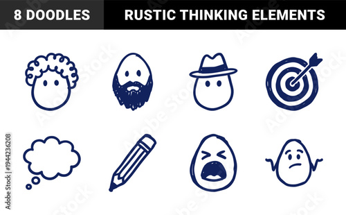 Hand-drawn character faces and creative thinking doodles for organic brand identity. Rustic naive marker sketch illustrations featuring persona and brainstorming concepts.