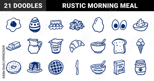 Hand-drawn breakfast and dairy morning food elements for cafe branding. Rustic blue ink doodle illustrations featuring eggs, bread, and cereal.