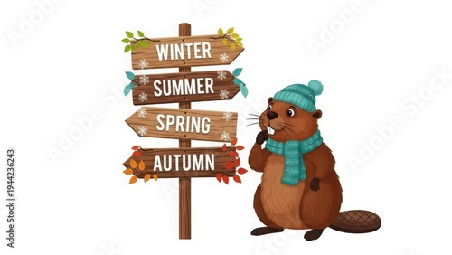 Beaver with seasonal sign - winter, summer, spring, autumn