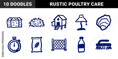 Hand-drawn rustic farm and poultry care elements for organic agricultural branding. Naive marker sketch illustrations featuring chicken coop and hay.