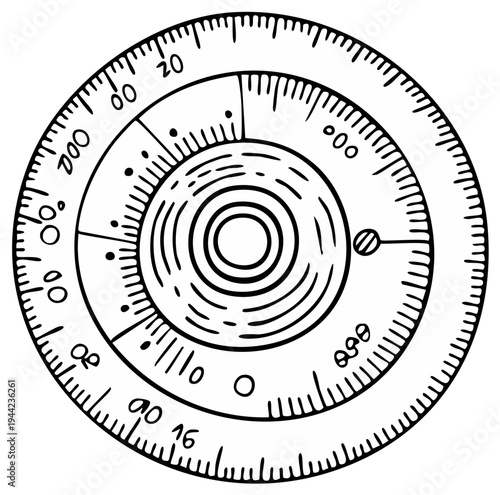 Vintage circular calculating device with concentric rings and radial markings
