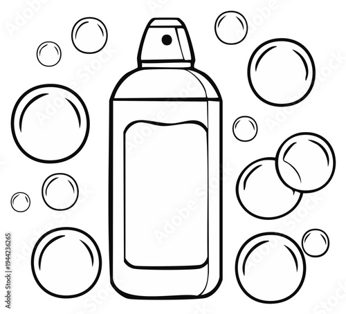 Cartoon outline of a bottle and soap bubbles