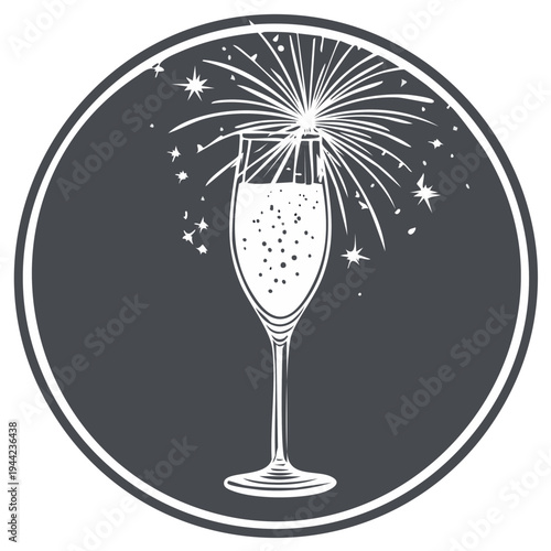 Festive champagne flute with celebratory sparkling fireworks in a dark circular frame, symbolizing joy and new beginnings.