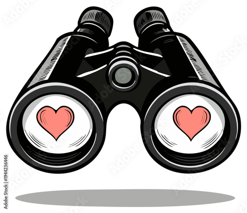 Illustration of binoculars with pink hearts in lenses indicating love search concept