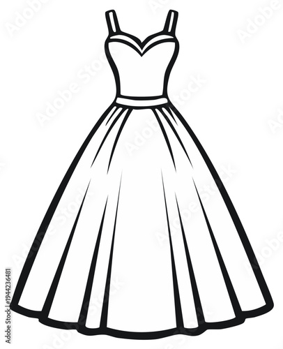 Elegant Outlined Dress with Fitted Bodice and Full Skirt for Coloring Book or Fashion Design
