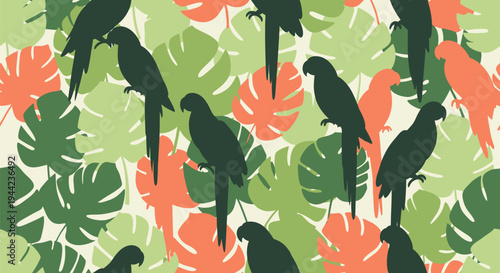 Colorful Parrots in Tropical Pattern.