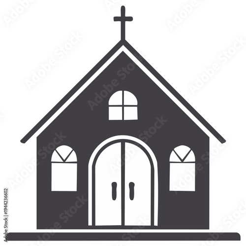 Christian church building icon featuring a cross arched doors and windows vector illustration