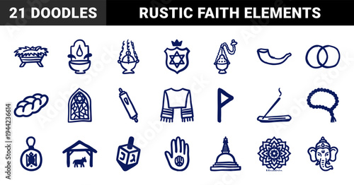 Hand-drawn global religion and spiritual symbols for organic brand identity. Naive marker sketch illustrations featuring sacred faith concepts.