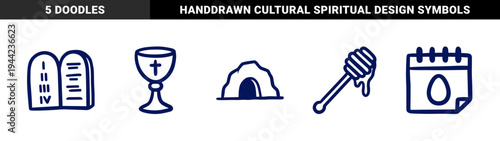 Hand-drawn religious and cultural doodle elements for organic brand identity. Rustic, naive marker sketch of chalice, tomb, and stone tablets.