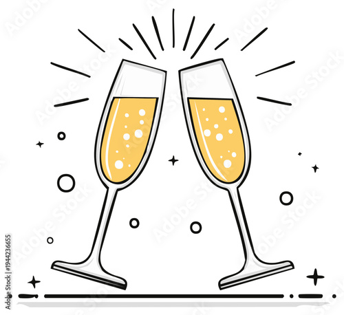 Two Sparkling Champagne Glasses Clinking in a Celebration Toast with Bubbles and Line Art Accents
