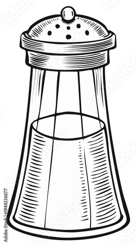 Vintage style glass salt shaker with metal perforated cap and knob, a kitchen condiment dispenser drawing.