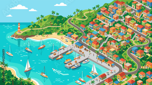 Vibrant vector illustration of a coastal town with colorful buildings, a lighthouse, boats, and palm trees creating a cheerful and idyllic summer holiday atmosphere.