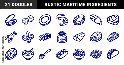 Hand-drawn seafood and maritime cuisine elements for restaurant branding. Rustic naive marker sketch illustrations featuring shellfish and fish cuts.