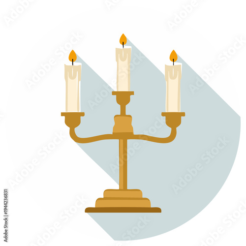 Antique gold candelabra with three lit candles and long shadow in a flat design style