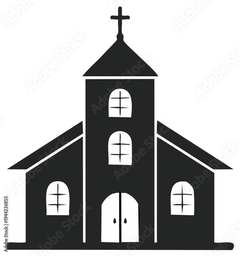 Christian church building vector icon with steeple, arched windows, and cross