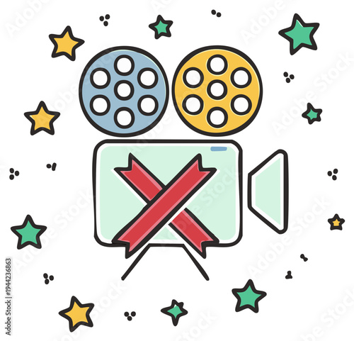 Hand Drawn Vintage Movie Camera Icon with Red Ribbon and Stars