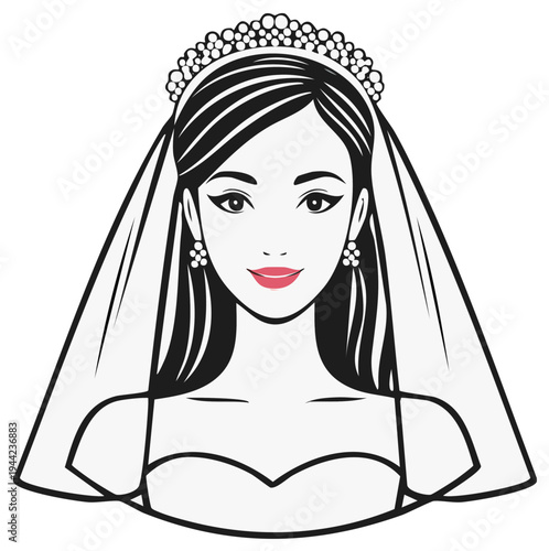 Elegant Bride with Veil and Tiara Portrait, Bridal Illustration, Beauty and Fashion