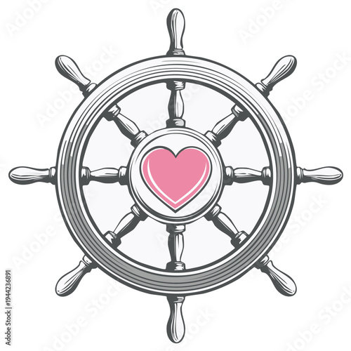 Nautical Ship Steering Wheel with Pink Heart Emblem Navigational Love Symbol