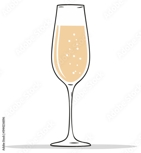 Champagne flute filled with bubbly golden beverage and effervescent bubbles