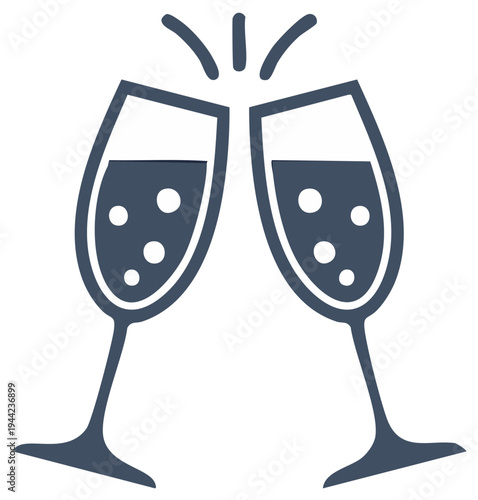 Two stylized champagne glasses clinking together with celebratory bubbles and sparkle lines