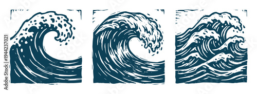 collection of dynamic ocean wave illustrations in linocut style with sea spray