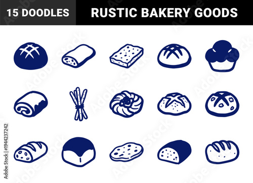 Hand-drawn artisan bakery and sourdough bread elements for rustic brand identity. Naive marker sketch illustrations featuring organic yeast leavened products.