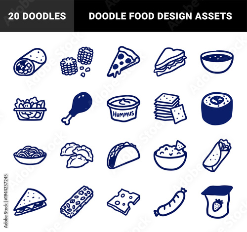 Hand-drawn snack and fast food elements for organic cafe branding. Rustic naive marker sketch illustrations featuring diverse meal concepts.