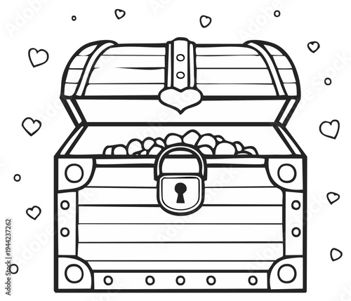 Open treasure chest filled with gold coins and decorative hearts