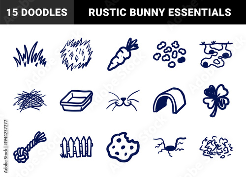 Hand-drawn rabbit care and pet supply elements in a naive marker sketch style. Rustic bunny lifestyle doodles featuring carrots, hay, and burrows.