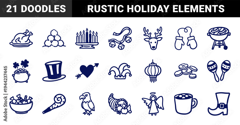 Naklejka premium Hand-drawn holiday and seasonal celebration elements for festive branding. Rustic, naive marker sketch illustrations of global festivals and events.