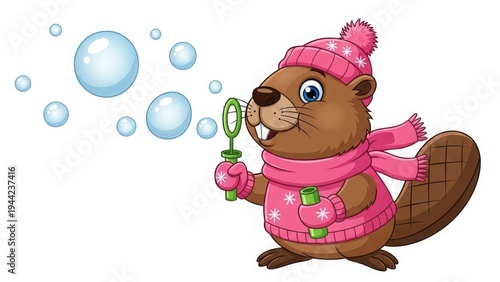 Playful beaver blowing bubbles in winter attire