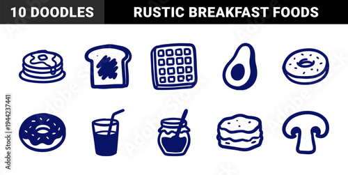 Hand-drawn breakfast and snack food elements for organic brand identity. Rustic, naive marker sketch illustrations featuring brunch and dessert concepts.